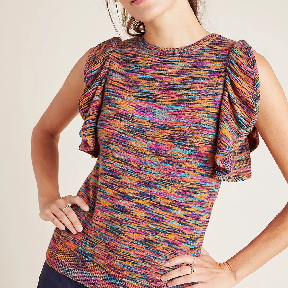 Anthropologie Multicolor Knit Ruffled Sleeve Tank Top